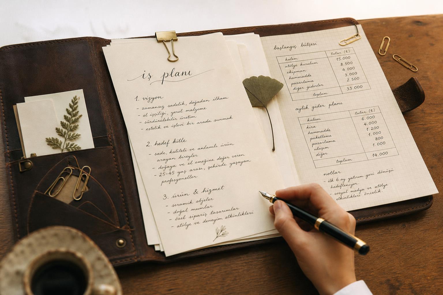 Açık deri dosya, el yazısı proje notları, fountain pen, bütçe çizelgeleri.