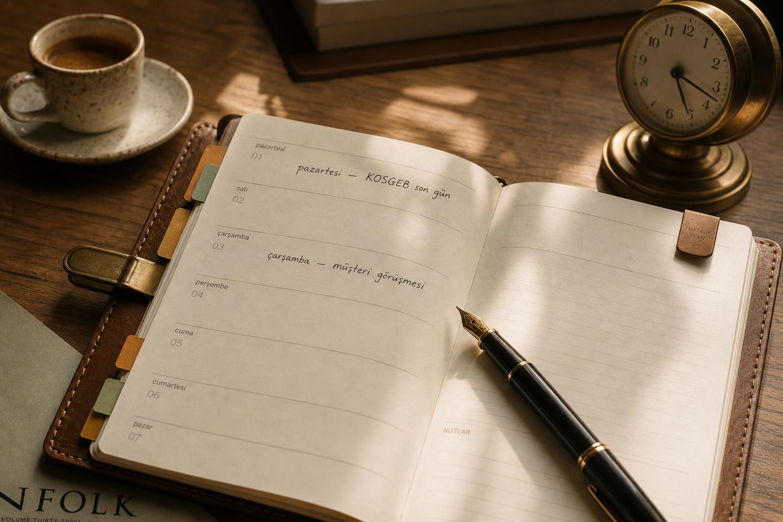 Doğal ışıkta el yazısı haftalık ajanda ve fountain pen.